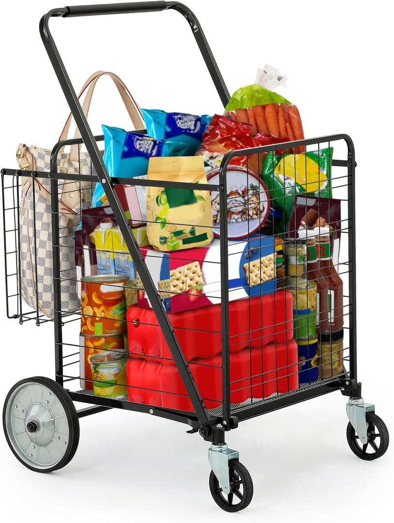 DWVO Super Jumbo Folding Shopping Cart Heavy Duty, Rolling Foldable Grocery Cart with Wheels, Portable Collapsible Utility Cart with Double Basket for Shopping Groceries Laundry Storage