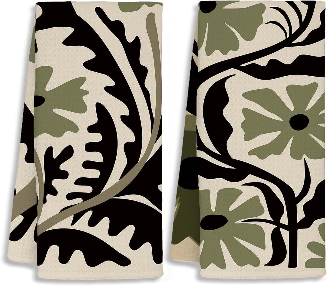 Abstract Olive Green and Black Boho Floral Kitchen Towels Set of 270s Retro Flower Botanical Dish Towels for Kitchen Drying, Dark Cottagecore Neutral Hand Towels for Bathroom, 16x24 Inch