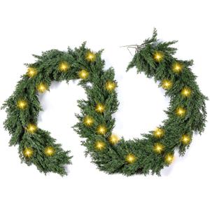 1 Pack LED Christmas Cedar Garland Lighted Artificial Pine Cypress Vines Faux Christmas Evergreen Mantle Fireplace Cascading Garland for Indoor Outdoor Table Stairs Winter Decoration (9 ft)