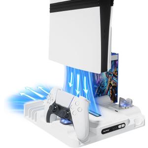 Cooling Station Stand for PS, Cooling Fan Station with Dual Controller Charger Compatible with P5 Pro/Slim Console, Cooler Station Stand for Ps Accessories with 3-Level Fan&LED Light