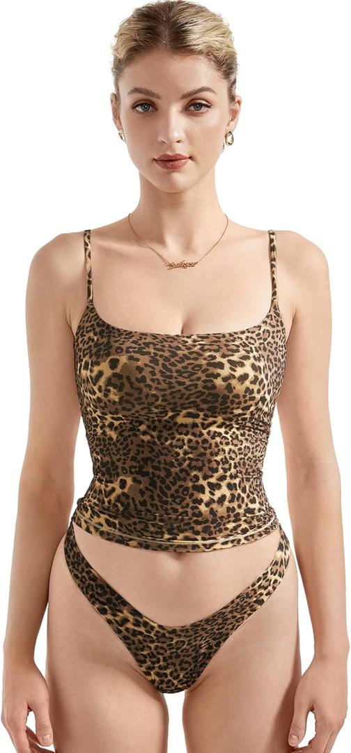 SUUKSESS Women Sexy Square Neck Tank Top Summer Y2K Going Out Basic Cami Shirt (Medium, Deep Leopard)
