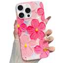 Jmltech for iPhone 15 Pro Max Case Flowers Women Girly Aesthetic Cute Floral with Phone Strap Charms Wristlet Oil Painting Shockproof Protective Phone Cases for iPhone 15 Pro Max Hot Pink