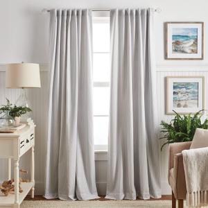 Martha Stewart Ticking Stripe Blackout Lining Rod Pocket/Back Tab Window Curtain Panel Pair, 95", White/Grey (50"W x 95"L (Pack of 2))