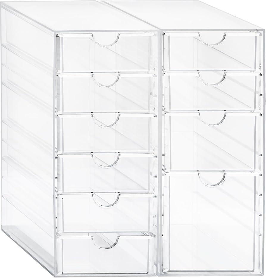 Prsildan Acrylic Drawer Makeup Organizer with 11 Drawers, Set of 2 Office Desk Organizers Accessories, Clear Stackable Storage Drawers for Vanity, Countertop, Craft, Jewelry, Art Supply Organization
