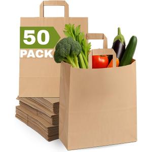 Qutuus Large Paper Bags with Handles Bulk - 50 Pcs 12x7x14 Large Paper Grocery Shopping Bags with Handles, Brown Sacks for Groceries, Recycling, Delivery, Take Out, To Go, Retail