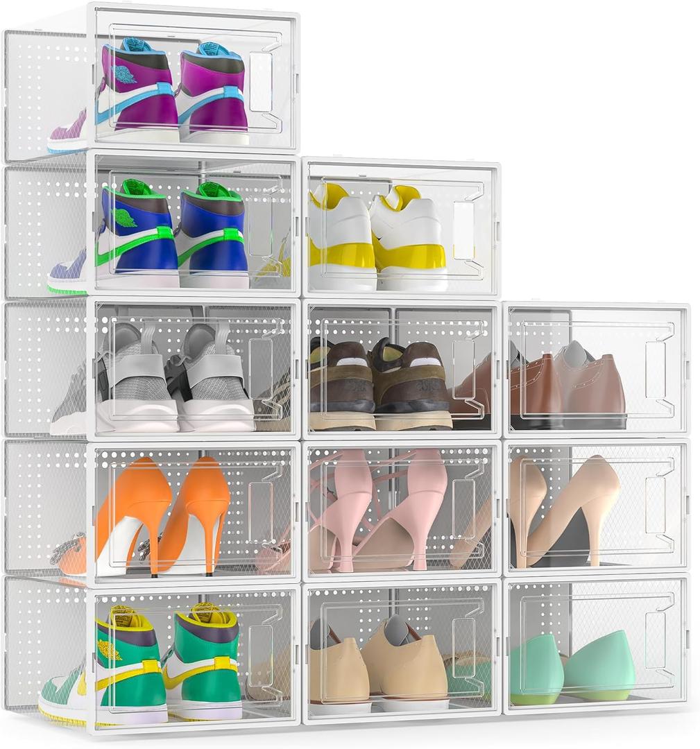 12 Pack Large Shoe Organizer Storage Boxes for Closet, Modular Space Saving Shoe Boxes Clear Plastic Stackable Sneaker Containers Display Case with Lids, Pearl White