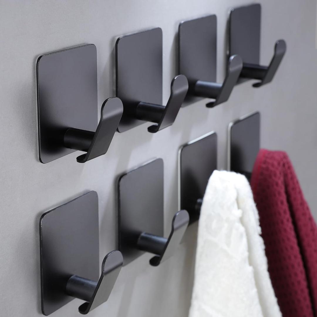 Taozun Adhesive Hooks 8 Packs, Black Wall Hooks for Hanging Coat/Towel Hooks Stainless Steel Waterproof Robe Hooks for Bathroom Bedroom Kitchen