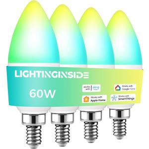 Lightinginside Matter E12 Smart Light Bulbs 60W Equiv., Compatible with Alexa/Apple Home/Google Home/SmartThings, RGBCW Candle Candelabra Chandelier Bulb, 2.4G WiFi, ETL Listed, Hub Required, 4PCS
