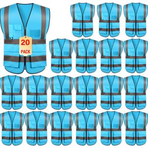 Safety Vests 20 Pack,Hi Vis Construction Vest with 5 Pockets and Zipper,Reflective Vest for Men Women Work One Size (Blue)
