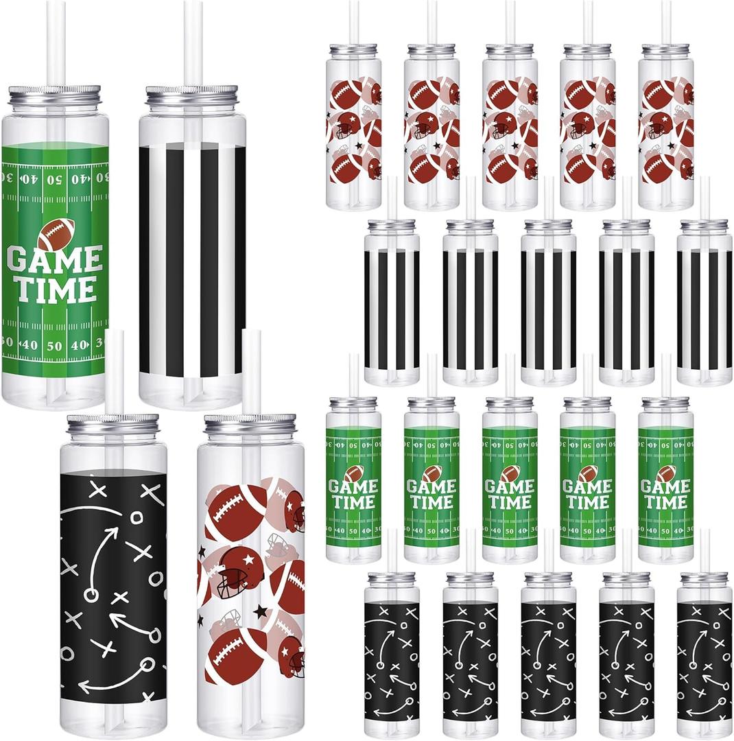 Kochorie 24 Pcs 16.9 Oz Football Plastic Cups with Lids and Straws, Reusable Football Party Cups Bulk Clear Drink Cup for Birthday Sports Themed Party Supplies