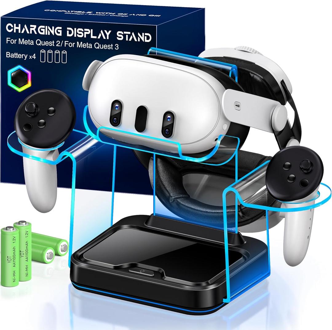 Fast VR Charging Dock for Meta Oculus 3: LED Quest Charging Station for Oculus 3S Aceesories - Light Up Controller Stand with 4 Rechargeable Batteries for Meta Quest 2 (Black)