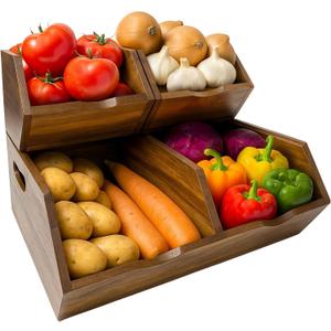 LUSHZLUMBERA Acacia Wood Pantry Storage Bins, Stackable Storage Baskets Potato and Onion Storage Bins, Pantry Organizer Wooden Baskets Organization and Storage, Set 3 Pieces