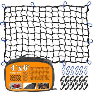 4x6 Truck Cargo Net Expands to 8' x 12' with 4"x4" Mesh Grid Super Duty Bungee Heavy Duty Bed Netting for Truck Bed Stretches with 12 Adjustable Metal Carabiners by Cenipar