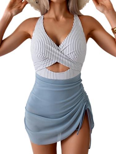 B2prity Women Mesh One Piece Swimdress Swimsuit Tummy Control V Neck Cutout Bathing Suit Wrap Drawstring Sarong Swimwear L