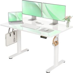 Claiks Glass Standing Desk, 48x24 Inch White Standing Desk Adjustable Height Electric Stand Up Quick Install for Computer Desks, Super White