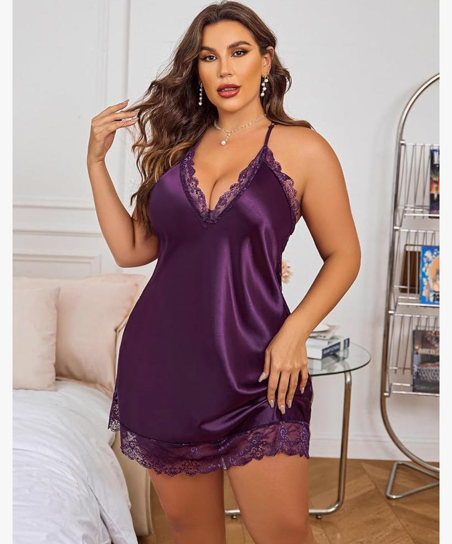 Avidlove Women Lingerie Plus Size Satin Lace Chemise Nightgown Sexy Full Slips Sleepwear 3XL Purple