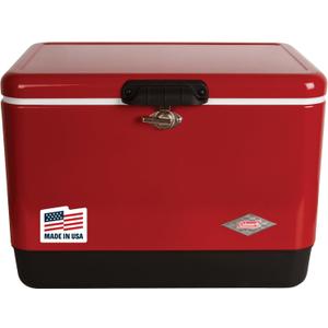 Coleman Vintage 54qt Steel Belted Cooler, Keeps Ice Up to 4 Days, 85-Can Capacity Hard Cooler with Drain & Have-A-Seat Lid (Red)