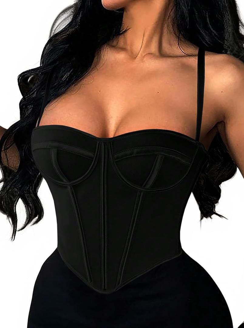 Avanova Women Overbust Corset with Straps Bustier Corsets Sexy Going Out Cami Crop Top (Black, S)