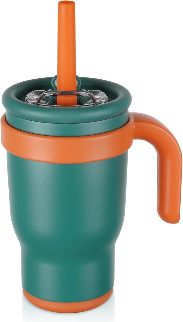 14oz Toddler Sippy Cup Vacuum Insulated Stainless Steel Kids Cup with Handle, Spill-Proof Straw, Leak-Proof Travel Cup for Home or On-the-Go (Deep Green)