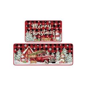 Christmas Rugs for Kitchen Floor, Red Buffalo Plaid Christmas Truck Mats for Kitchen Floor Rubber Non Slip, 2PCS Farmhouse XmasTree Kitchen Mat Cushioned for Room Doorway 15.7"27.5" +15.7"47"