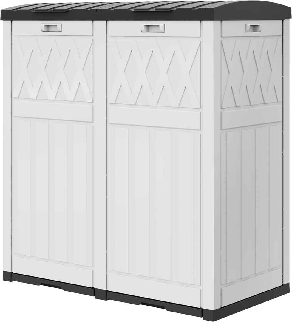 DWVO 76 Gallon Garbage Dual Can, Resin Outdoor Trash Can with Tiered Lid and Drip Tray, Waterproof Trash Bin for Patio, Kitchen, Backyard(Grayish-White)