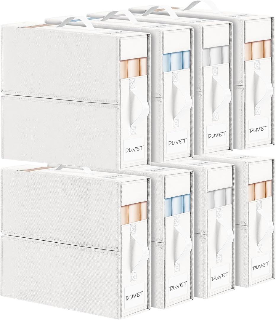 DIMJ Bed Sheet Organizers and Storage 8 Pack - Foldable Sheet Organizer for Linen Closet, Bedding Storage Box for organization, Sheets Set Holder for Blanket, Towel (King & Queen Size), White