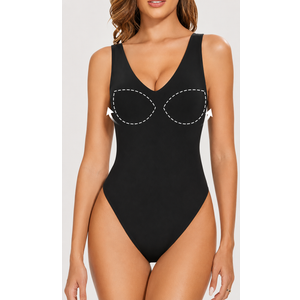 Decorus Women's Shapewear Tank Bodysuits - Plunge V Neck Sleeveless Shapewear Built in Bra V Backless Thong Body suits Tops, XX-Large, Black