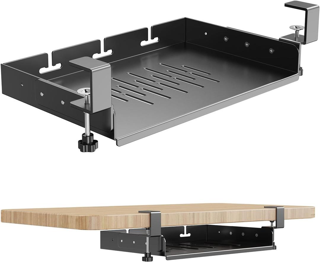 No Drill Under Desk Laptop Mount, Metal Under Desk Storage Shelf with Cable Management, Laptop Storage Tray for MacBook, Keyboard, Mac Mini, Anti-Scratch Silicone, Fits Office, Gaming, Workstations (Black)