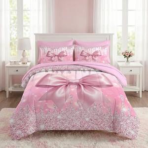 Nesker 5 Pcs Comforter Set Twin Size, Pink Glitter Bow Bedding Set for Kids and Adults, Trendy Pretty Girly Bed Sheet Sets with Fitted Sheet Pillowcase & Sham