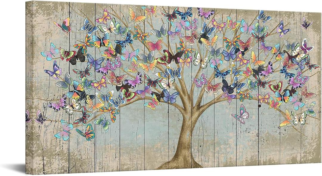 RnnJoile Butterfly Pictures Tree of Life Wall Art Rustic Butterflies Painting Picture for Farmhouse Home Living Room Bedroom Wall Decor Framed 24 x 48 Inch