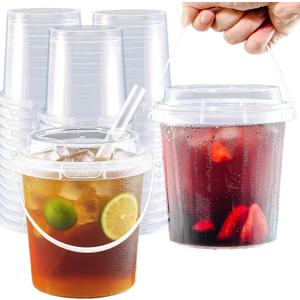 20 Set 25 oz Drink Bucket, Clear Plastic Cups with Lids and Straws, Disposable Drinking Cups for Cold Drinks, Iced Coffee/Milkshakes/Smoothies, Sturdy & Food Safe