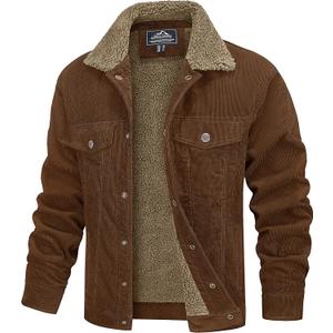 MAGCOMSEN Men's Corduroy Jacket Winter Sherpa Lined Warm Thick Trucker Cargo Coat with 5 Pockets (X-Large, Brown)