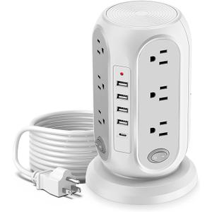 Power Strip Tower, Charging Tower for Multiple Devices, 16.5FT Surge Protector Tower with 12 AC Outlets 5 USB Ports (1 USB C) Overload Protection for Home Kitchen Dorm Office Desk (white-16.5ft)