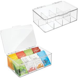 SIMPLEMADE 2 Pk Clear Tea Bag Organizer - Tea Box Divided Storage Container Box with Hinge Lid for Kitchen Cabinet, Countertop, Pantry, Hold Coffee Pods, Seasoning Packets, Condiments (Set of 2)