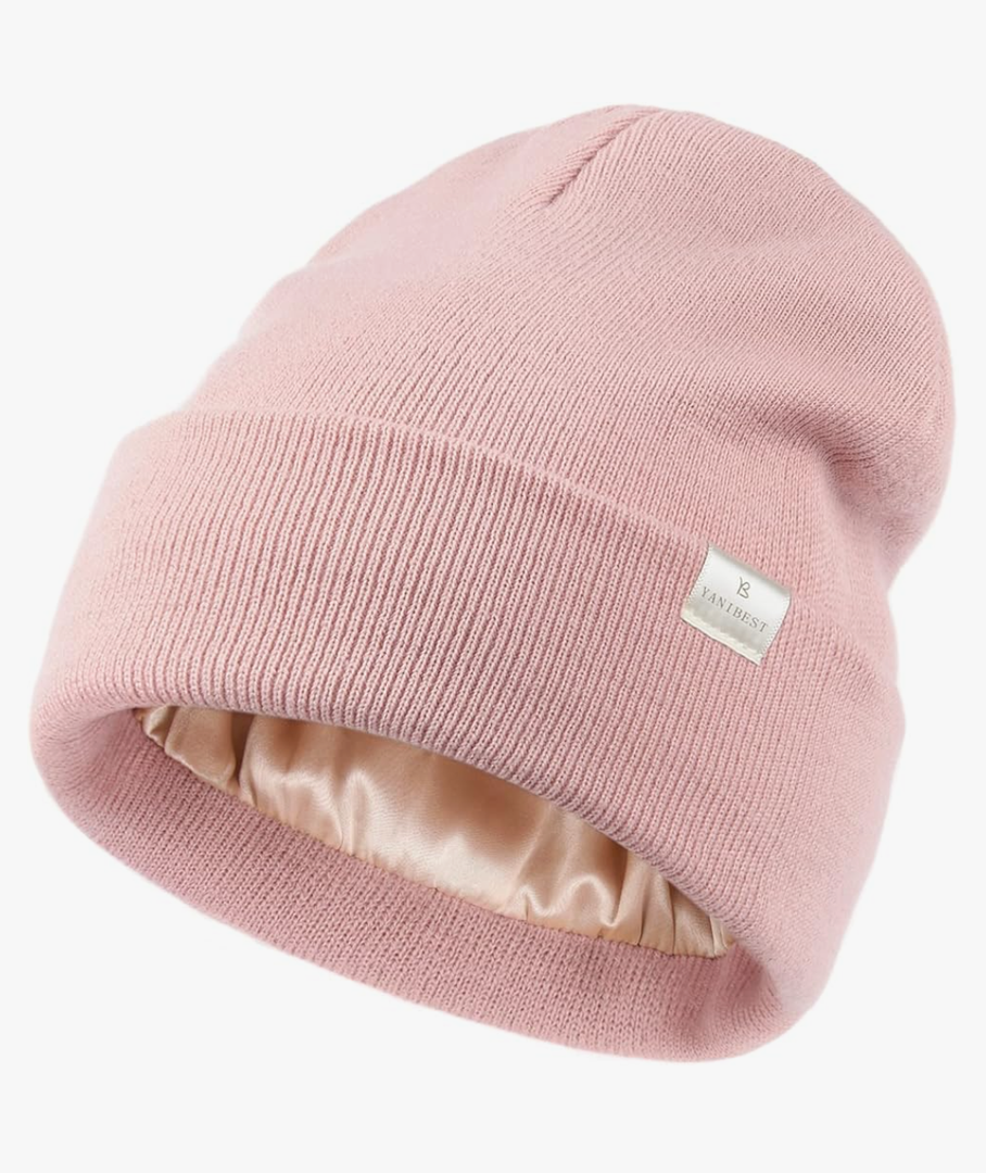 YANIBEST Satin Lined Beanie for Women Reduce Frizz Winter Hats for Women Men Silk Lining Soft Slouchy Warm Cuffed Less Static, Pink 