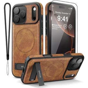 Magnetic for iPhone 17 Pro Max Leather Case,Built-in Invisible Stand [Compatible with Magsafe] Protective Slim Kickstand Phone Cover for iPhone 17 Pro Max,Brown