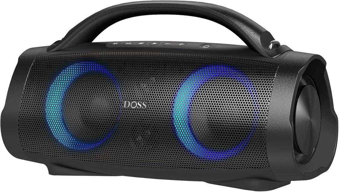 DOSS Extreme Boom+ Outdoor Bluetooth Speaker with 100W Stereo Sound, Extra Bass, 20H Playtime, Party-Sync LED Lights, Built-in Power Bank, IPX6 Waterproof Speaker for Camping, Pool, Beach, Yard (Black)