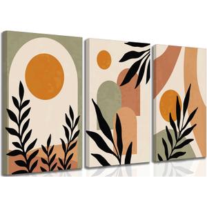 3 Pcs Mid Century Modern Boho Sun Canvas Wall Art Neutral Abstract Minimalism Bohemian Mountains Plants Pictures Wall Decor Posters Prints Artwork for Bedroom Living Room Home Decoration