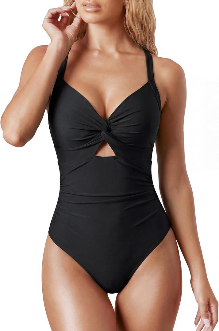 OQQ Womens One Piece Swimsuit Tummy Control V Neck Twist Front Bathing Suit Cutout Full Coverage Slimming Swimwear (Medium, Black)