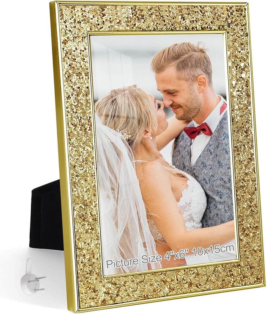 HIKWADERY 5x7 Picture Frame Glitter, Gold Bling 5 by 7 Photo Frames with HD Real Glass, for Wall or Tabletop Display, Family Friends Wedding Christmas Day Gift (5 x 7, Gold)