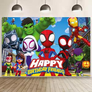 Spider and Friends Birthday Decorations,Spider and Friends Happy Birthday Banner Backdrop for Kids Birthday Party Supplies (5x3ft)