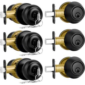 Plustool 3 Pack Front Door Lock Set Matte Black,Exterior Door Lock Set with Deadbolt,Single Cylinder Deadbolt Lock and Door Knob Set,Keyed Alike Door Knobs with Lock&Keys,Round Ball Entry Door Lockset
