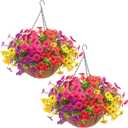 Hananona 2 Set Artificial Outdoor Flowers with Hanging Basket, 2 Hanging Planters with 24 Pcs Flowers for Spring Summer Front Porch Garden Patio Home Decor (2, Red, Purple, Yellow, Rose Red)