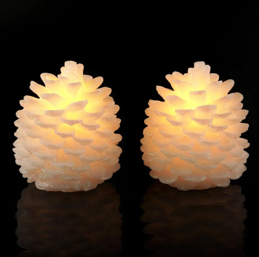Homemory 2 Pcs Pine Cone Candles Flameless, White LED Flickering Lights with 6 Hours Timer, Battery Operated Candles for New Year Celebration Holiday Decorations D4.3 x H4.7 Inches