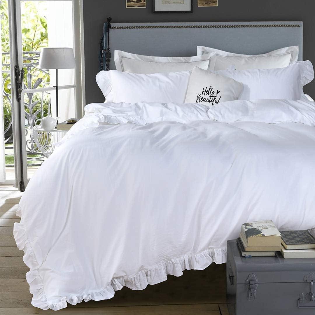 QSH Washed Cotton Ruffled King Duvet Cover Set,Vintage White Shabby Boho Chic Ruffle Farmhouse Bedding Comforter Quilt Cover 3 Pieces Aesthetic French Country Cottage King Bedding