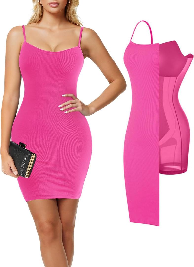 Popilush Summer Dresses for Women 2026 - Club Dress Cocktail Shapewear Mini Dress Spaghetti Straps Dinner Date Night Bodycon Pink XXL