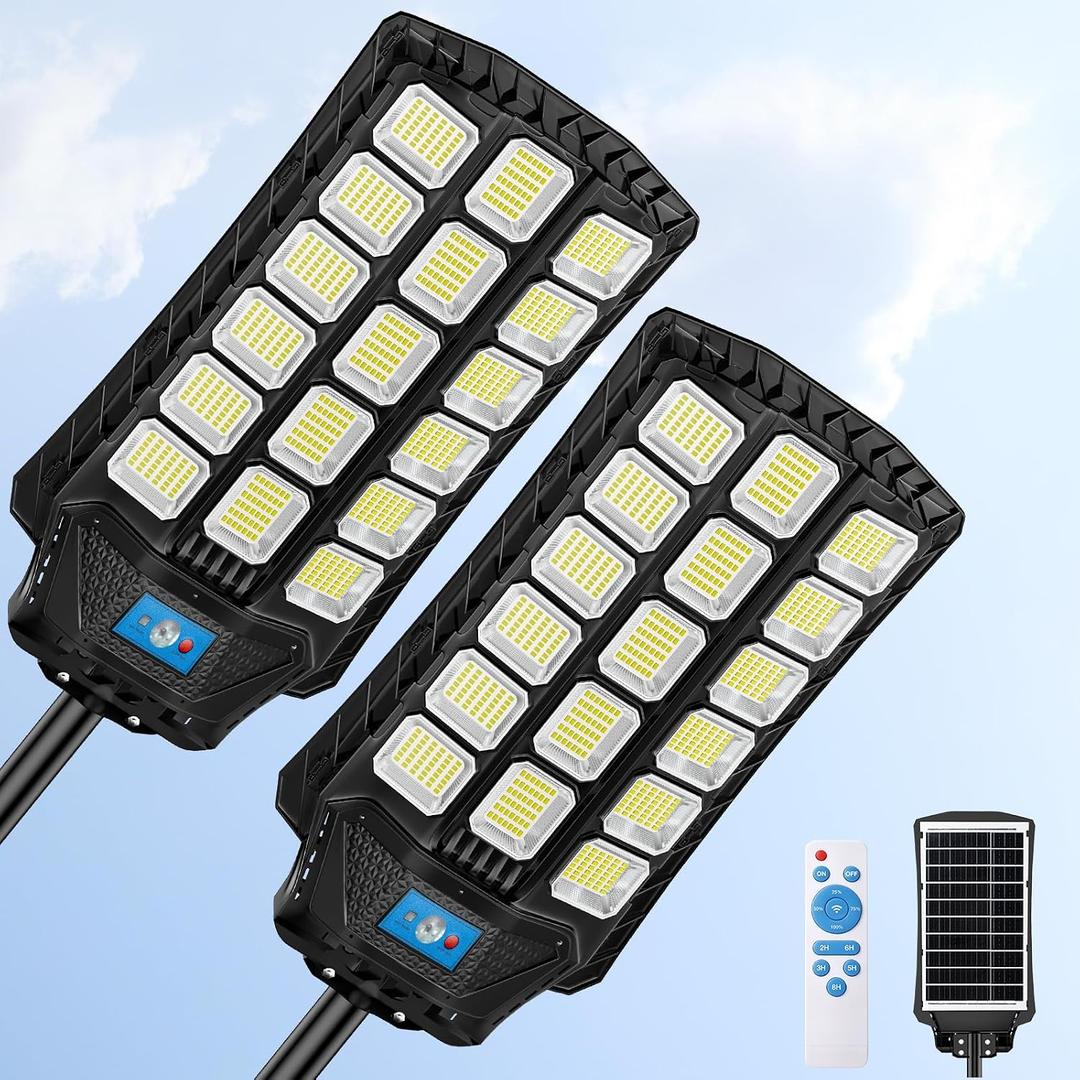 Solar Street Lights Outdoor Waterproof 2 Pack, 14000W Large Solar Parking Lot Light Outside Dusk to Dawn, Motion Sensing & Remote Control, Pole or Wall Mount, for Commercial Yard Garage Patio