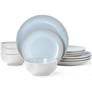 Plates and Bowls Sets for 4 - CJDC-QUELO 12-Piece Stoneware Dinnerware Sets, Ceramic Dishware Set for Kitchen Use and Formal Dining, Chip and Scratch Resistant Microwave Dishwasher Safe, Off White