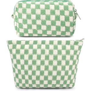 SOIDRAM 2 Pcs Checkered Makeup Bag Large Cosmetic Bag Toiletry Bag Makeup Pouch Travel Bag Organizer Cute Makeup Brushes Aesthetic Accessories Storage Bag for Women Green