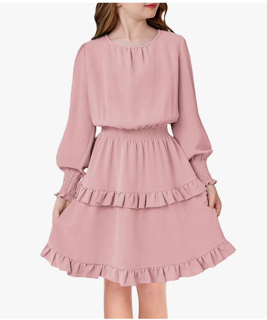 Arshiner Girls Long Sleeve Dress Boho Tiered Ruffle Hem Elegant Smocked Waist Midi Dress, 12y